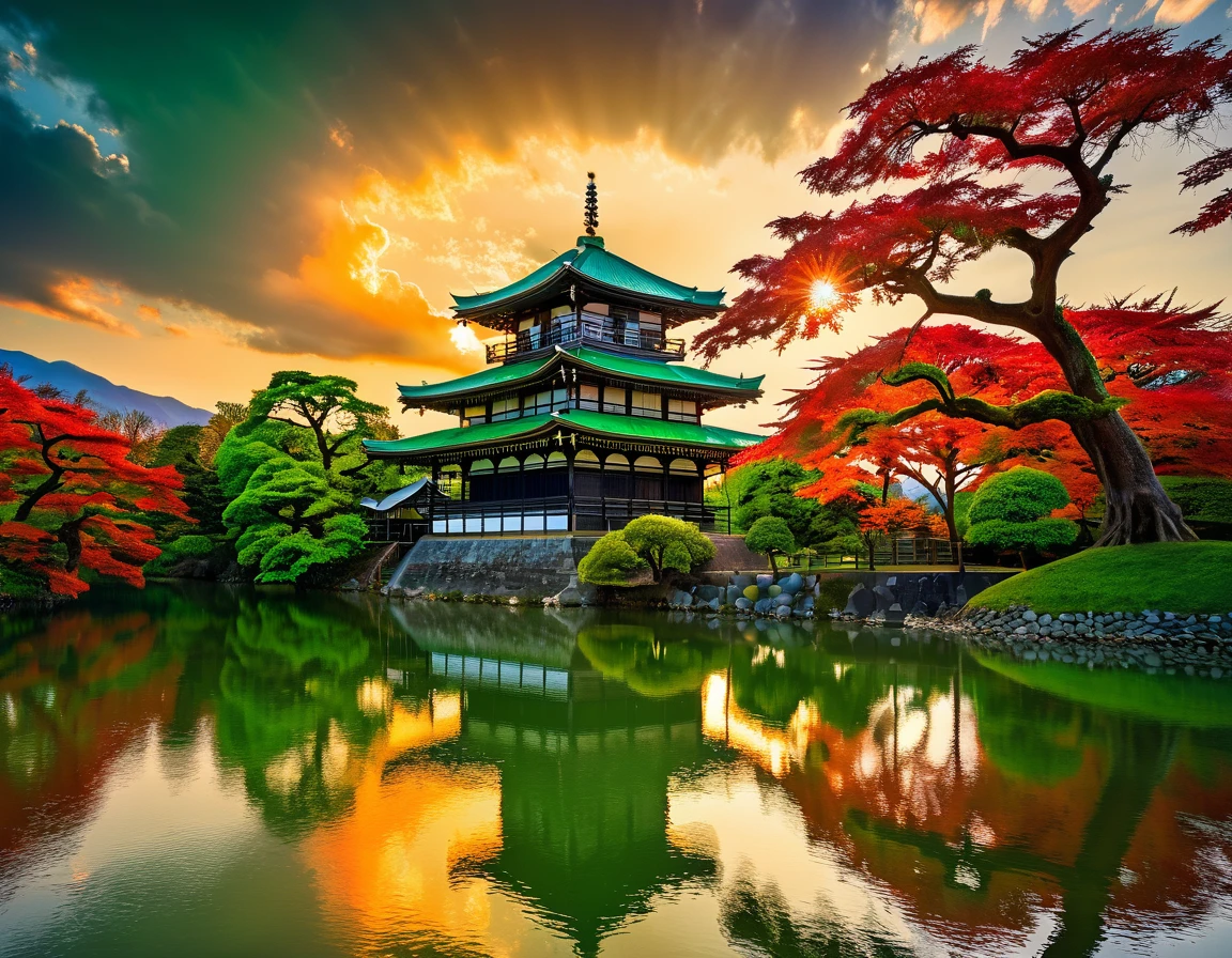 a National Geographic picture of dark Japanese medieval temple, as the sun (rises in the horizon: 1.1), it sits on the bank of a river near surrounded by cherry trees, almond trees, Japanese maple trees, (all trees in many colorful shades of green, red, pin, orange: 1.5) ((all scenery is reflected in the river: 1.5)), an epic ancient Japanese medieval temple, ancient and epic in its majestic antiquity, a sense of serenity, tranquility, divine rays, some clouds, sun rays, (highest quality:1.2, Very detailed, up to date, Vibrant, Ultra-high resolution, High Contrast, masterpiece:1.2, highest quality, Best aesthetics), best details, best quality, highres, ultra wide angle, 16k, [ultra detailed], masterpiece, best quality, (extremely detailed: 1.5), Cinematic Hollywood Film, RagingNebula