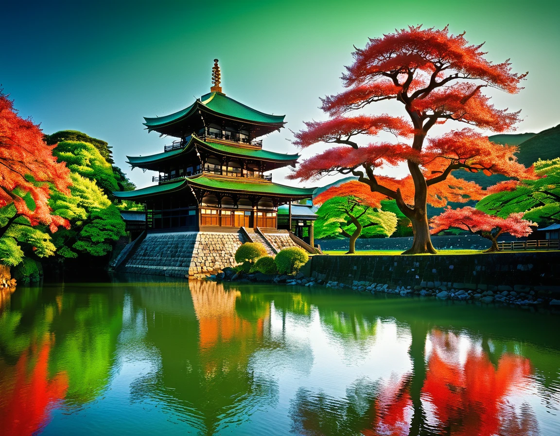 a National Geographic picture of dark Japanese medieval temple, as the sun (rises in the horizon: 1.1), it sits on the bank of a river near surrounded by cherry trees, almond trees, Japanese maple trees, (all trees in many colorful shades of green, red, pin, orange: 1.5) ((all scenery is reflected in the river: 1.5)), an epic ancient Japanese medieval temple, ancient and epic in its majestic antiquity, a sense of serenity, tranquility, divine rays, some clouds, sun rays, (highest quality:1.2, Very detailed, up to date, Vibrant, Ultra-high resolution, High Contrast, masterpiece:1.2, highest quality, Best aesthetics), best details, best quality, highres, ultra wide angle, 16k, [ultra detailed], masterpiece, best quality, (extremely detailed: 1.5), Cinematic Hollywood Film, RagingNebula