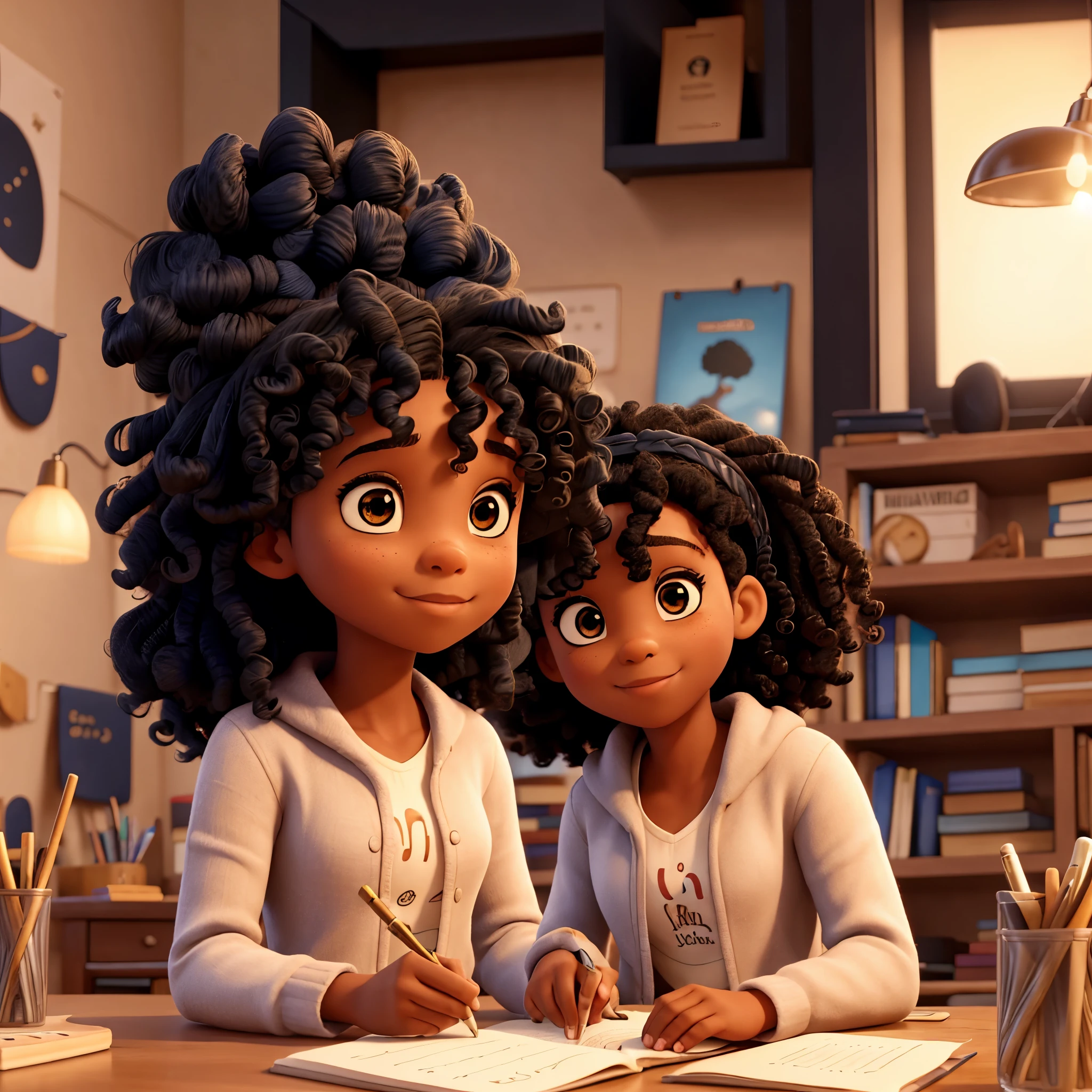 a black girl with curly hair writing a book and the things she is writing are coming out of the book like lights