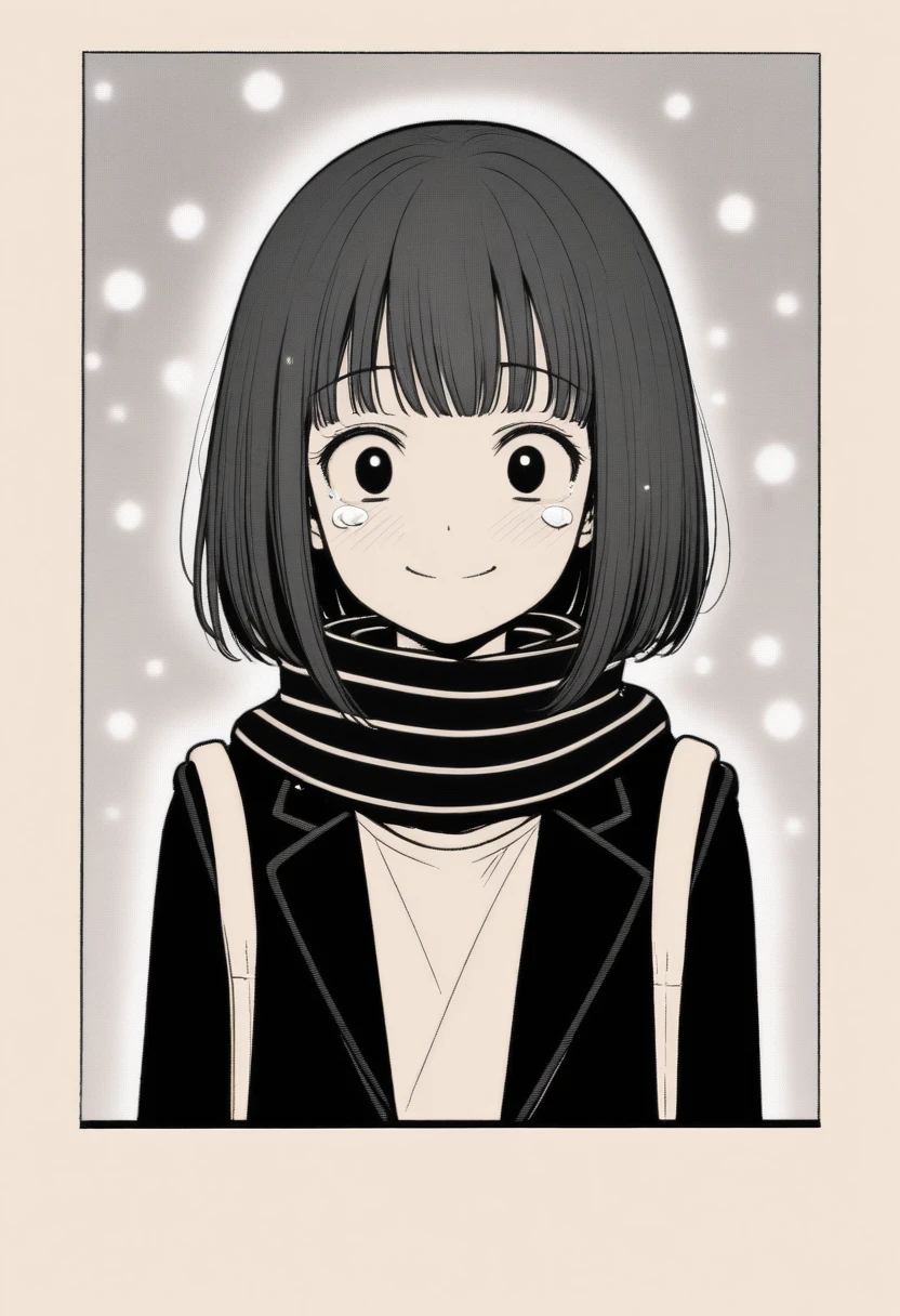 masterpiece, best quality, 1girl, mamerakkkkko, grayscale, manga style, japanese, chi no wadachi, black eyes, street, iced, black hair, schoolbag, smile, lineart, black coat, black scarf, black pleated skirt, leggings, centered, 18 years old, tall, fair skinned, bokeh background, crying, tears, straight-on, tears streaming, bob cut, light particles, centered, snowing, reaching towards viewer, reaching out to the viewer