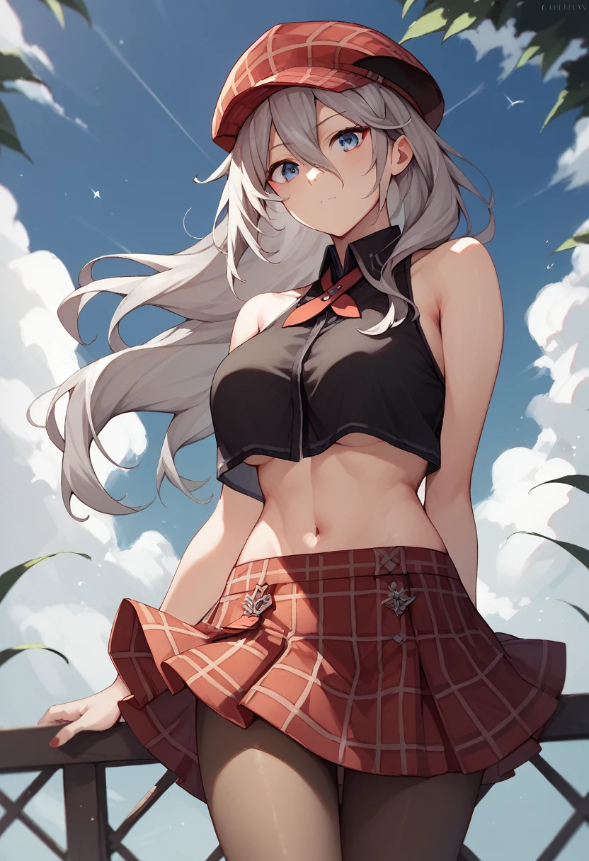 score_9, score_8_up, score_7_up,
1girl, alisa ilinichina amiella, solo,grey hair,long hair,blue eyes,hair between eyes, pantyhose,underboob,bare shoulders,black crop top,red headwear,red plaid skirt,