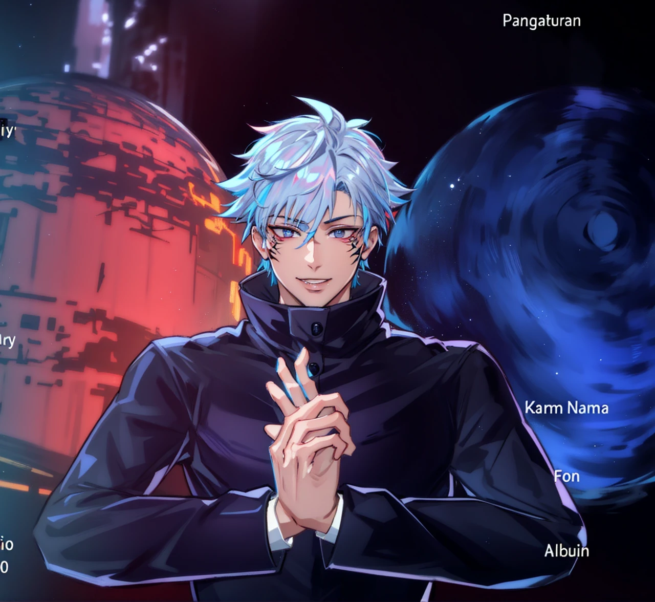 masterpiece, best quality, ultra-detailed, texture, detail eyes,8k, 1boy, Sukuna, a man with pink hair and shirtless, tattoo_ryoumen, tattoo_on_his_face, tattoo on body, looking at viewer, abs, detailed eyes, detailed face, (masterpiece:1.4),(best quality:1.4),(shiny skin),realistic, bright, neon lights, night, midnight, city, cyberpunk, light ,