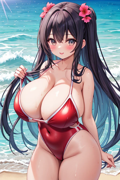 A Beautiful Girl, Red Swimsuit, thick thighs, Huge Breasts, Beach,