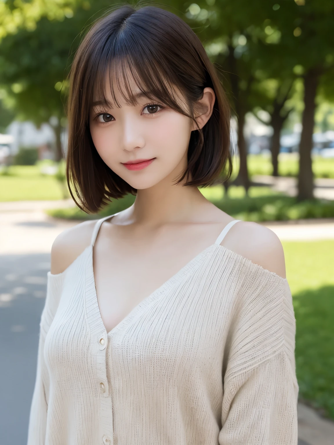 masutepiece, Best Quality, Illustration, Ultra-detailed, finely detail, hight resolution, 8K Wallpaper, Perfect dynamic composition, Beautiful detailed eyes, doress, short Hair, mid-chest, Natural Color Lip, Random and sexy poses,Smile, Blurred park background、20 years girl、Colossal 、Too much exposure、No shoulder knitwear(off white)、Exposing the chest、Slid、I keep my hair tied up