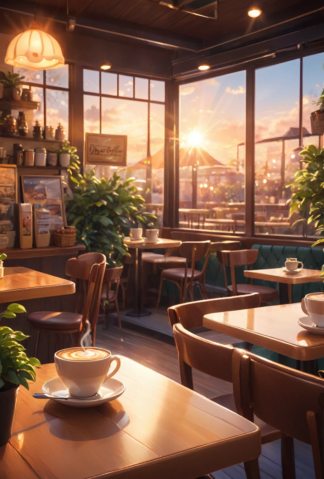 there is a table with a cup of coffee on it in a restaurant, cozy cafe background, coffee shop, cafe, cozy atmosphere, anime background art, pleasant cozy atmosphere, cafe interior, golden hour scene, in a bright cafe, cinematic morning light, radiant morning light, golden hour sunlight, sunny atmosphere, dreamy atmosphere, relaxing concept art, realistic afternoon lighting