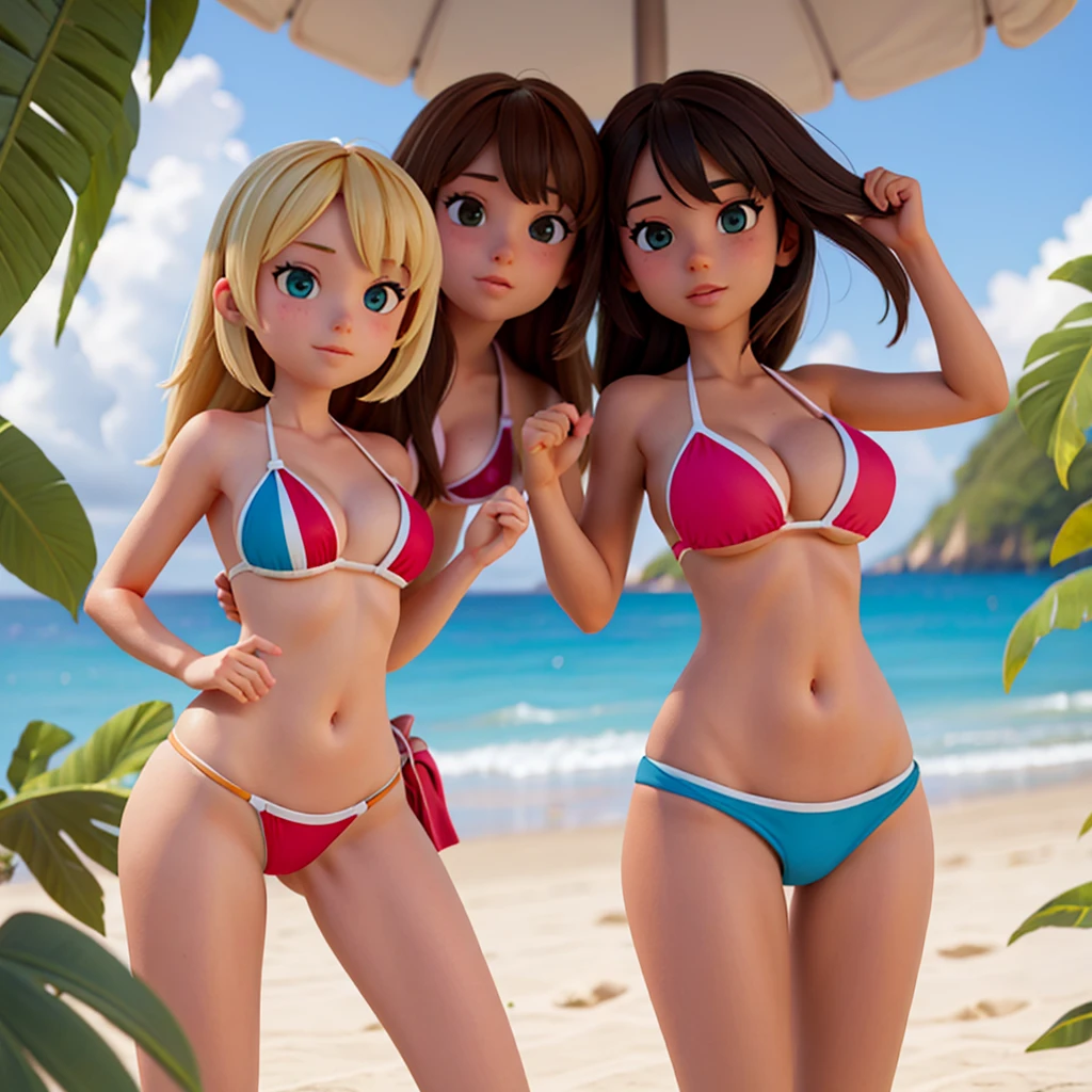 Several beautiful and young girls in bikinis on a beach together