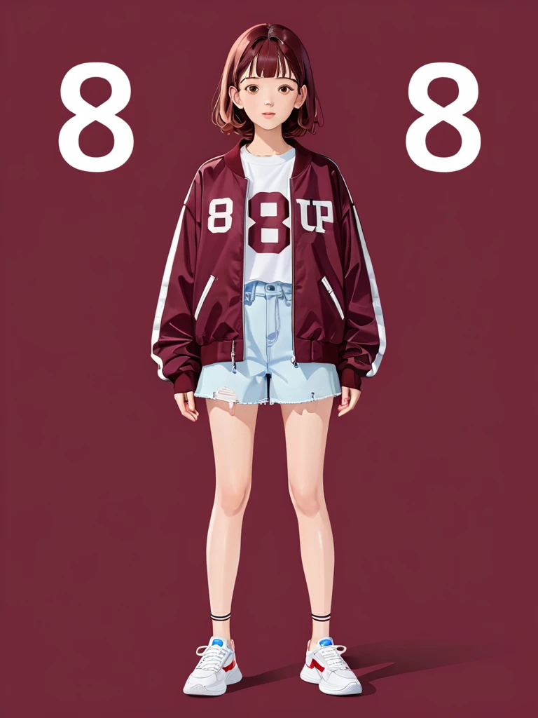 girl, jacket, sneakers, standing, maroon background., score_9, score_8_up, score_7_up, score_6_up,