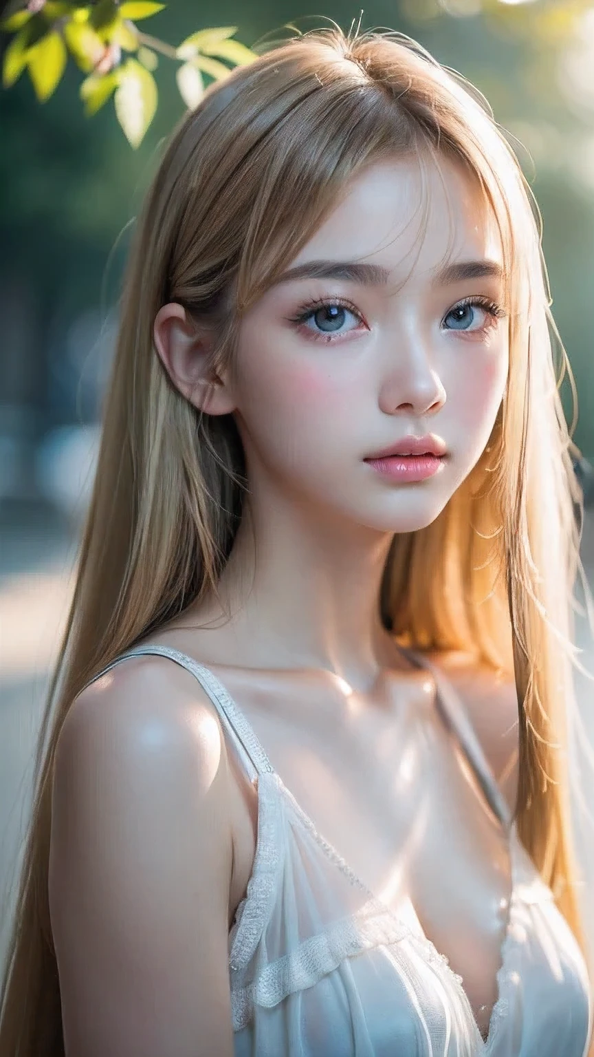 night、RAW Photos、(((A portrait of extreme beauty)))、((Glowing Skin))、1 girl、15 years old beautiful girl in Prague、((Natural light blonde hair))、[blue eyes]、Shiny, glossy skin、Silky long straight hair、eyeliner、Long Bangs、Hair between the eyes、Fluttering Hair、((masterpiece、最high quality、Super detailed、Film Light、Intricate details、High resolution、8K、Very detailed))、Detailed Background、8K uhd、Digital SLR、Soft Light、high quality、Film Grain、Fujifilm XT3 、Shallow depth of field、Natural light、（Perfect hands）、Perfect pretty face