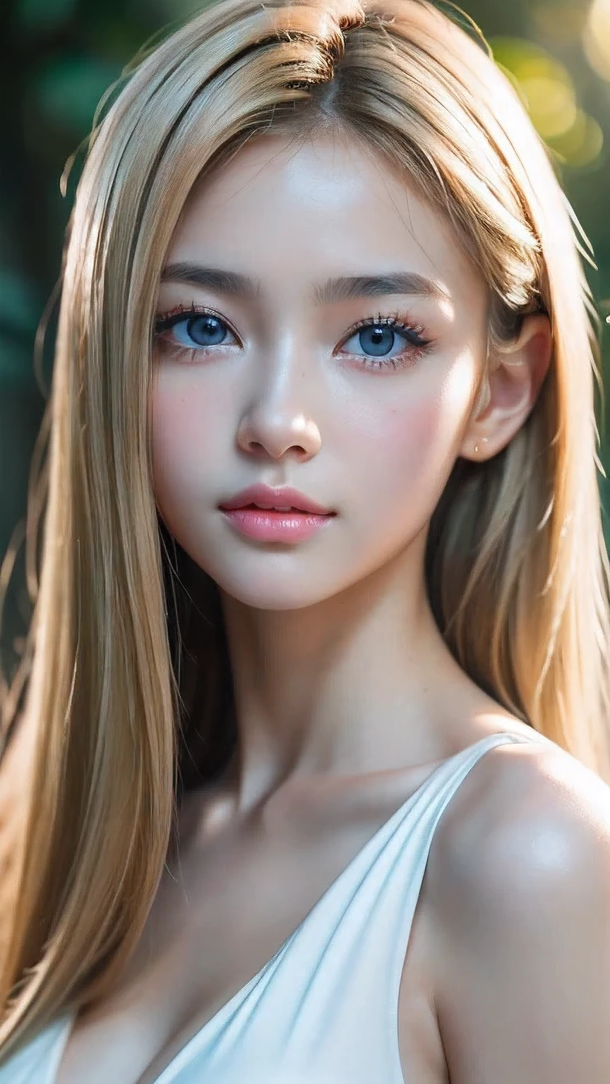 A very white and beautiful 20-year-old blonde girl、masterpiece, highest quality, shape, Ultra-fine detail, Naturally shiny platinum blonde、Super long straight silky hair、Super long hair like Rapunzel、Hair tangled all over the body、bangs over eyes、bangs on the face、Messy bangs、High resolution, 8K TV Wallpaper, Perfect dynamic composition, Big, bright, light blue eyes that shine beautifully、Very big eyes、of hotel(bed)、Small Face Beauty、Round face、double eyelid、Cheek gloss highlighter、On all fours