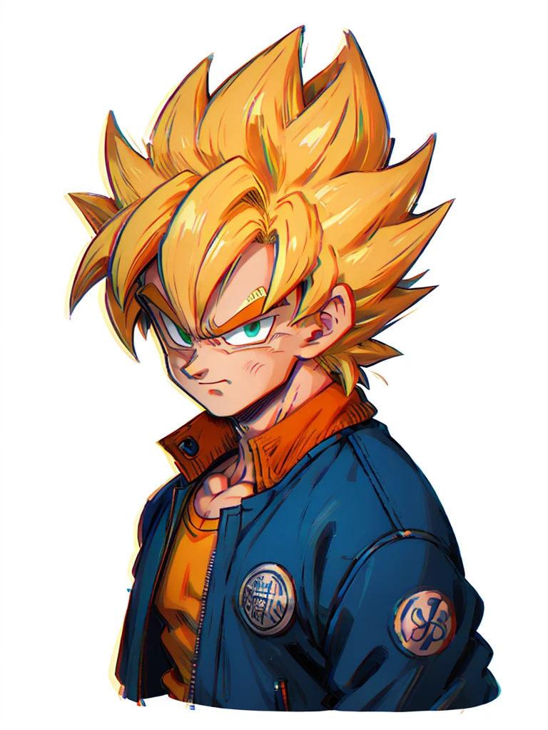 1man, solo, (masterpiece), best quality, ultra-detailed, Son Goku from Dragon Ball Z, super saiyan hair, yellow hair, Retro style, full body. fashion cloth, blue jacket, orange shirt, fancy, portrait, upper body, face detail, eyes detail: 1.3, simple background, green eyes, orange shirt,(white background)
