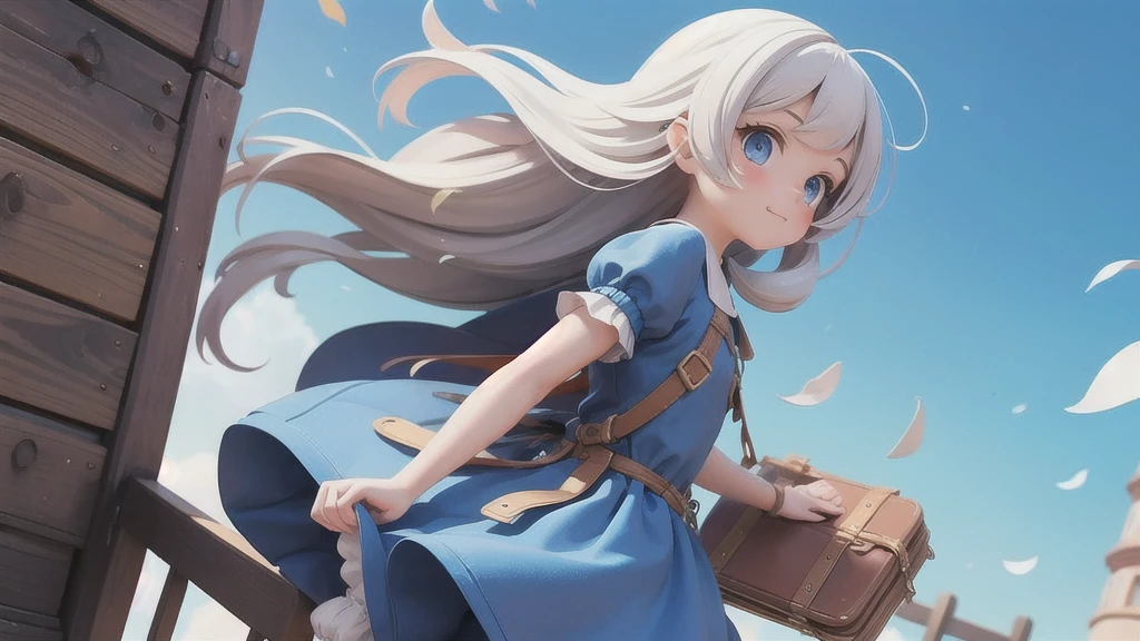 Girl 、Medieval dress with panniers、Fabric Realism、Low - Angle、Wearing bloomers、I can see the drawers、Pull up the hem of your dress with your hands、Strong winds、blue sky