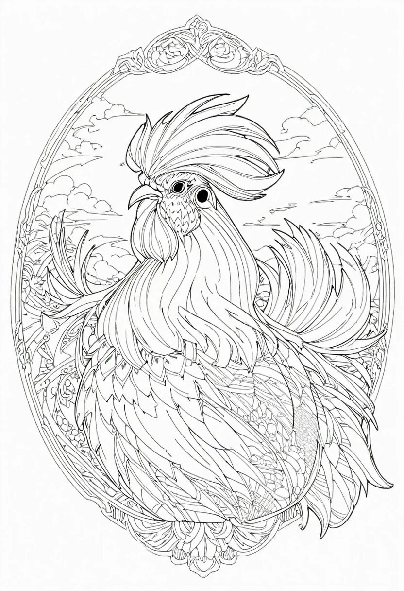 a coloring page with a rooster, black and white coloring, Coloring book outline, Detailed line art, clean coloring book page, stylized lines, art outline, detailed drawing in 4k, line art coloring page, detailed art, hyper Detailed line art, detailed digital drawing, Coloring Pages, coloring pages, extremely fine ink line