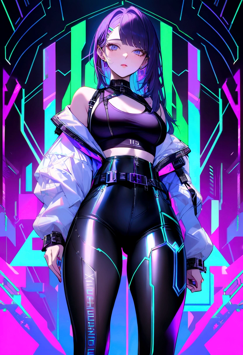 A realistic cyberpunk-style design for a set of leggings, a top, and a sports bra. The leggings are metallic black with neon blue and intense purple details, featuring geometric patterns and illuminated circuit lines on the sides. "SexDominaium" is written in a modern, bold font vertically on the leg. The leggings have small zippers on the ankles and buckles as decorative elements. The top is black with neon green and purple stripes, geometric panels with illuminated details, and "SexDominaium" written on a band at the bottom. The sports bra is black with neon blue and silver details, featuring circuit-like lines and digital interface patterns. "SexDominaium" is written on the center band, with adjustable straps and metallic buckle details. The overall design is influenced by luxury brand aesthetics and rapper style, combining vibrant neon colors with sophisticated finishes.