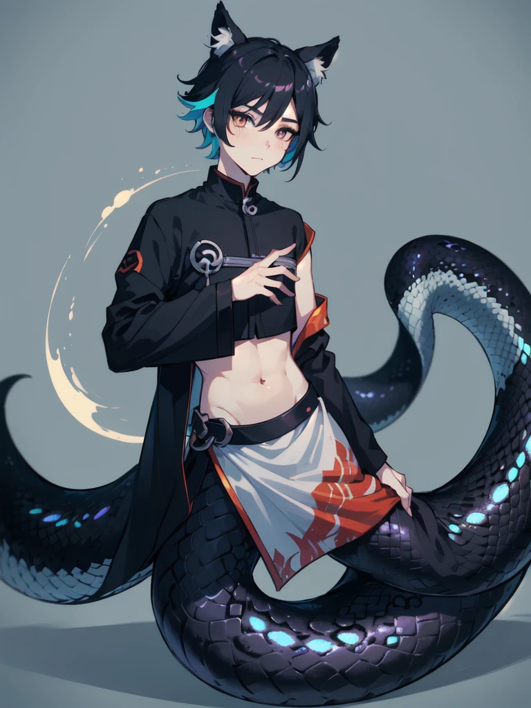 1 boy,more details in eyes,cute face,handsome,young,juvenile,((masterpiece:1.4,best quality)),multiple details,black hair,eyeshadow, lamia, snake tail, emo, crop top,hoodie, black snake tail, fox ears, full body