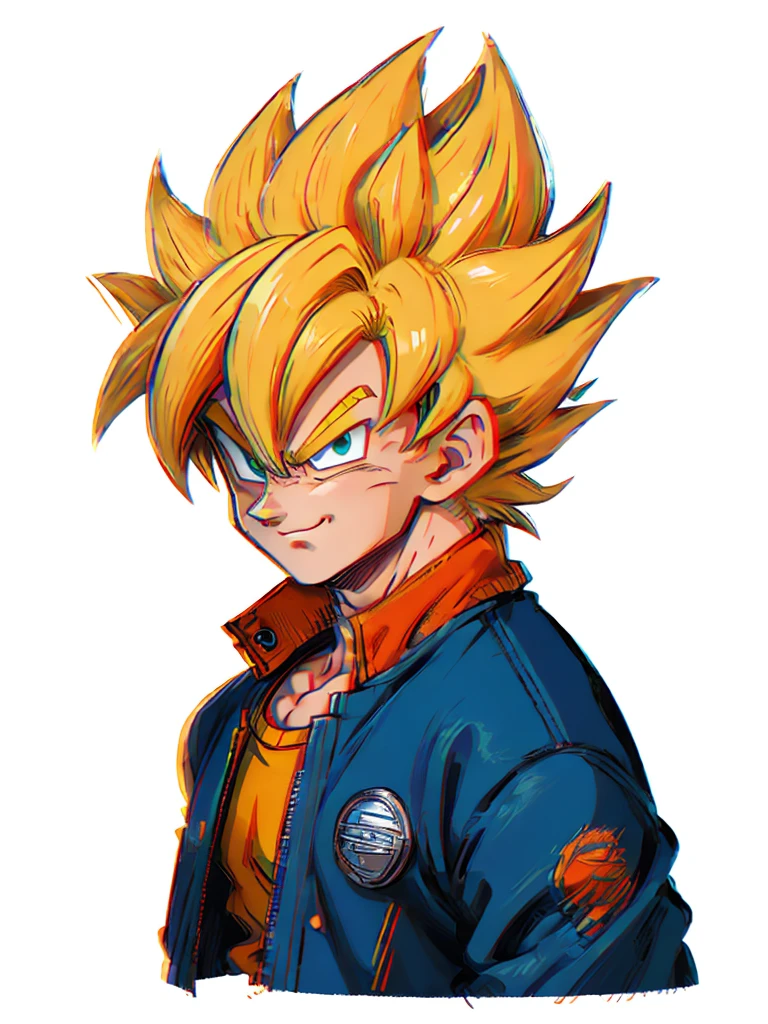 1man, solo, (masterpiece), best quality, ultra-detailed, Son Goku from Dragon Ball Z, super saiyan hair, yellow hair, Retro style, full body. fashion cloth, blue jacket, orange shirt, fancy, portrait, upper body, face detail, eyes detail: 1.3, simple background, green eyes, orange shirt,(white background)
