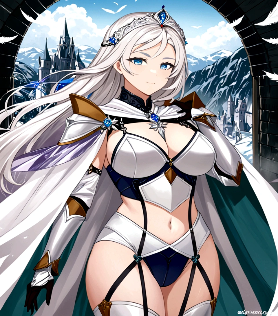 Edelweiss is a stunning young woman with a curvy body, long white hair, and crystal-blue eyes. In battle, she wears a white combat armor akin to a bikini with a breastplate showing her bare ample breasts, a garter belt on her waist with features on its side, a crown-like tiara, which has white feathers on both sides, armored shoulder pads that have a short white cape, and a silver necklace around her neck that is sort of shaped like a ribbon in the middle.