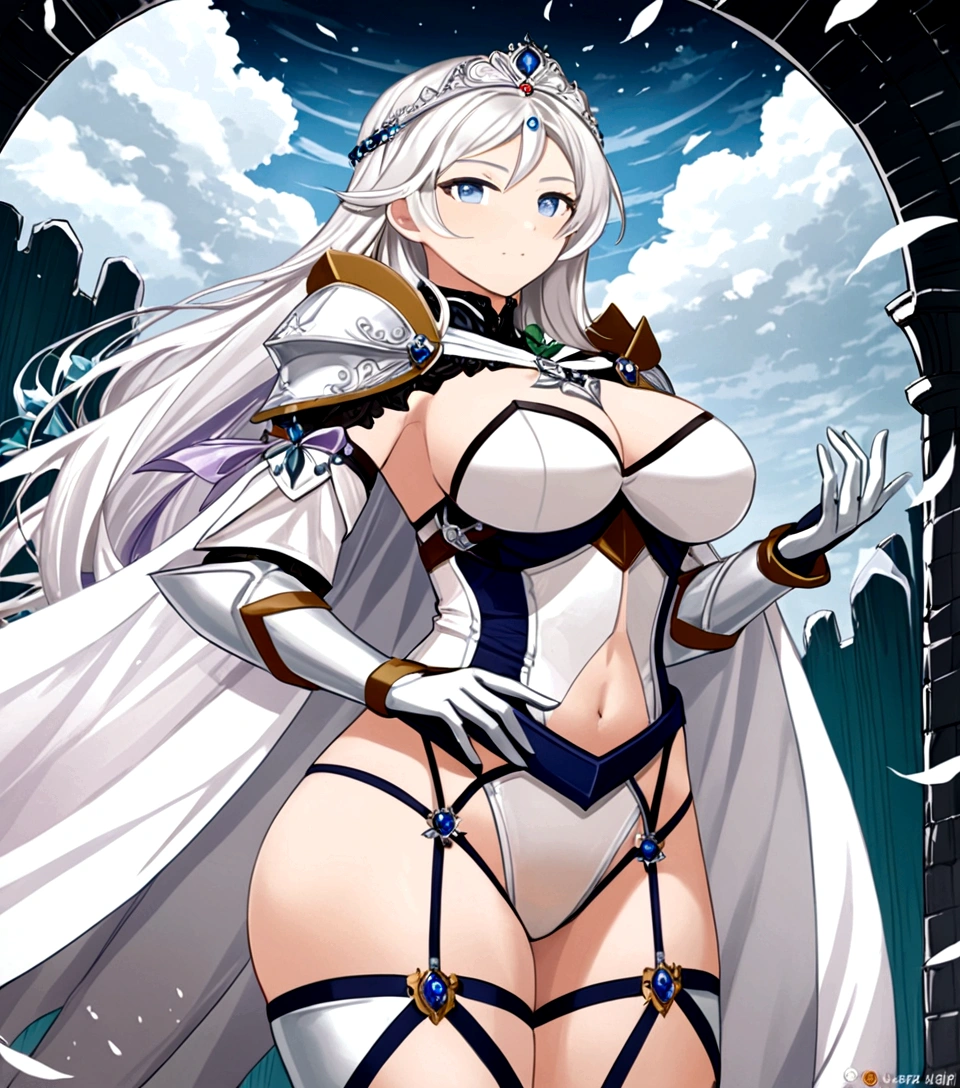 Edelweiss is a stunning young woman with a curvy body, long white hair, and crystal-blue eyes. In battle, she wears a white combat armor akin to a bikini with a breastplate showing her bare ample breasts, a garter belt on her waist with features on its side, a crown-like tiara, which has white feathers on both sides, armored shoulder pads that have a short white cape, and a silver necklace around her neck that is sort of shaped like a ribbon in the middle.