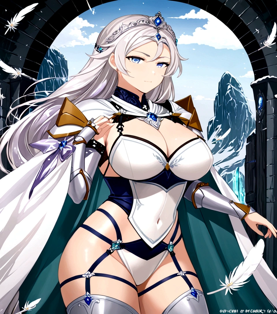 Edelweiss is a stunning young woman with a curvy body, long white hair, and crystal-blue eyes. In battle, she wears a white combat armor akin to a bikini with a breastplate showing her bare ample breasts, a garter belt on her waist with features on its side, a crown-like tiara, which has white feathers on both sides, armored shoulder pads that have a short white cape, and a silver necklace around her neck that is sort of shaped like a ribbon in the middle.