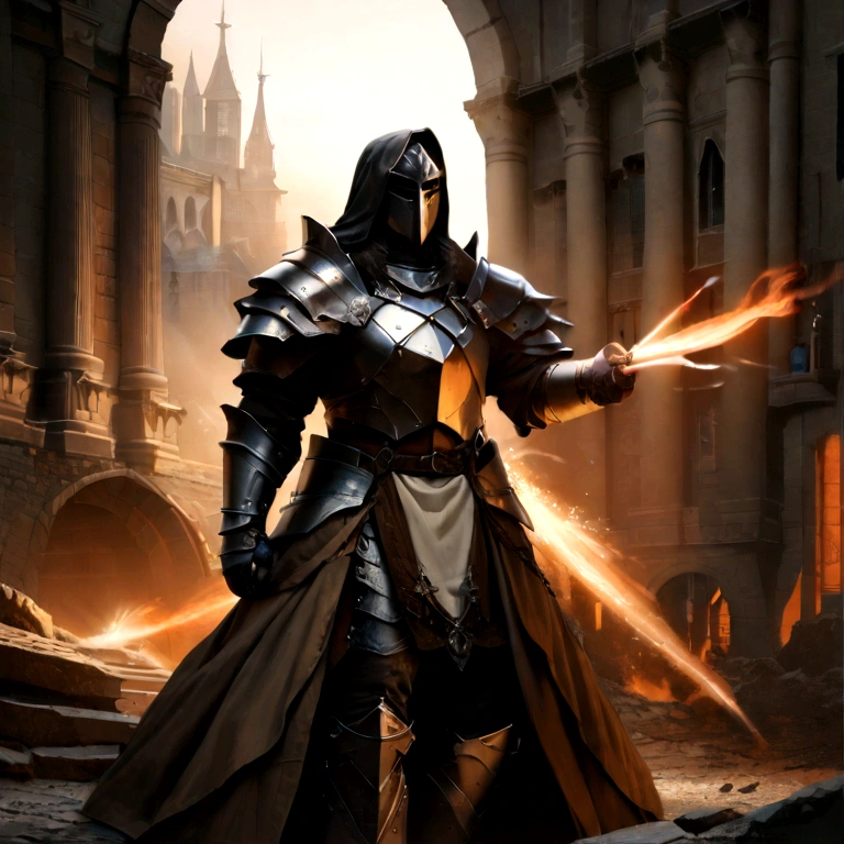 detailed fantasy medieval battle scene, 1 heavily armored demon knight, 1 brave human knight, epic clash of swords, glowing magical energy, dark stormy sky, castle ruins in background, dramatic lighting, cinematic mood, (best quality,8k,highres,masterpiece:1.2),ultra-detailed,(realistic,photorealistic,photo-realistic:1.37),dramatic lighting,moody atmosphere,intricate armor details,dynamic poses,volumetric mist,warm color palette,chiaroscuro lighting