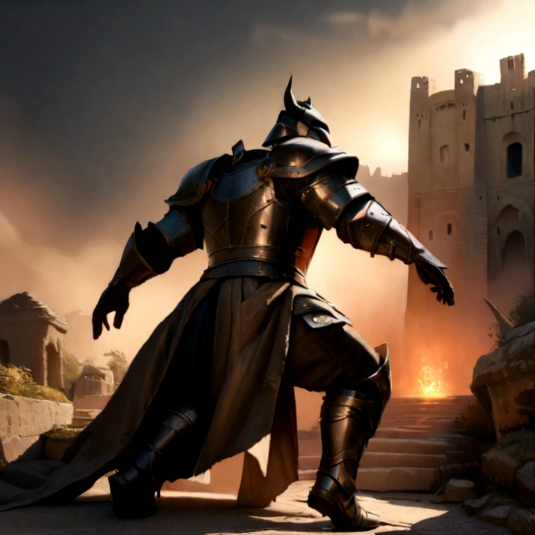 detailed fantasy medieval battle scene, 1 heavily armored demon knight, 1 brave human knight, epic clash of swords, glowing magical energy, dark stormy sky, castle ruins in background, dramatic lighting, cinematic mood, (best quality,8k,highres,masterpiece:1.2),ultra-detailed,(realistic,photorealistic,photo-realistic:1.37),dramatic lighting,moody atmosphere,intricate armor details,dynamic poses,volumetric mist,warm color palette,chiaroscuro lighting