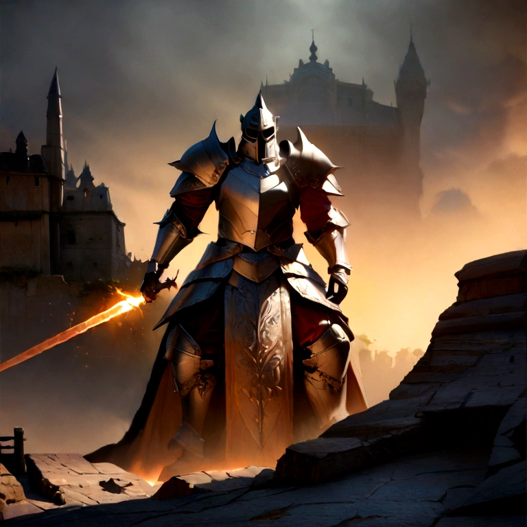 detailed fantasy medieval battle scene, 1 heavily armored demon knight, 1 brave human knight, epic clash of swords, glowing magical energy, dark stormy sky, castle ruins in background, dramatic lighting, cinematic mood, (best quality,8k,highres,masterpiece:1.2),ultra-detailed,(realistic,photorealistic,photo-realistic:1.37),dramatic lighting,moody atmosphere,intricate armor details,dynamic poses,volumetric mist,warm color palette,chiaroscuro lighting