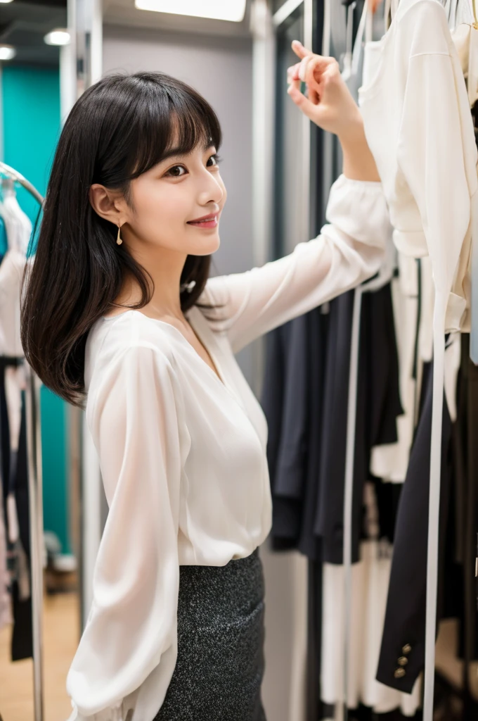 Suit, backstage at studio, talent agency manager,((full body)),((photo)),((best qualtiy, 8K, tmasterpiece:1.3)), Focus:1.2, perfect figure beautiful girl:1.4,1girl,cowboy shot,look at viewer,incredibly absurd, beautiful and cute girl with a photorealistic face, showcasing top-quality craftsmanship, Japanese woman writing work instructions in her notebook, 20 years old, shoulder-length bob cut, thick, straight black hair with bangs, shiny black hair, large eyes, round face, long eyelashes, soft smile, thin eyebrows, small nose, glossy lips, smooth skin, fair skin, fine-grained skin, tall, slender figure, well-balanced proportions, delicate limbs, small B-cup breasts, white blouse, black tight skirt, heeled pumps, watch, earrings, pretty older woman, beautiful, neat, fashionable, cheerful, positive, curious, sociable, responsible, highly trusted by those around her, October