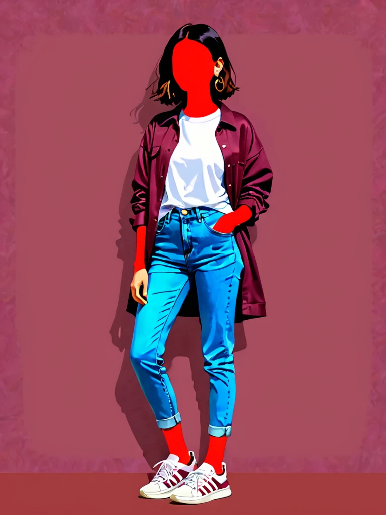girl, casual outfit, sneakers, standing, maroon background, shirt