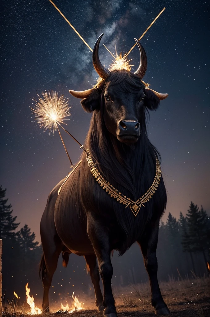 Create image of a black bull with a five-pointed star on his golden forehead, the sky is night, starry, his whole body must come from the woods and the forest landscape has people celebrating JUNINA party in a clearing, with bonfire in the middle stilo is dark, mysteries, magic, painting