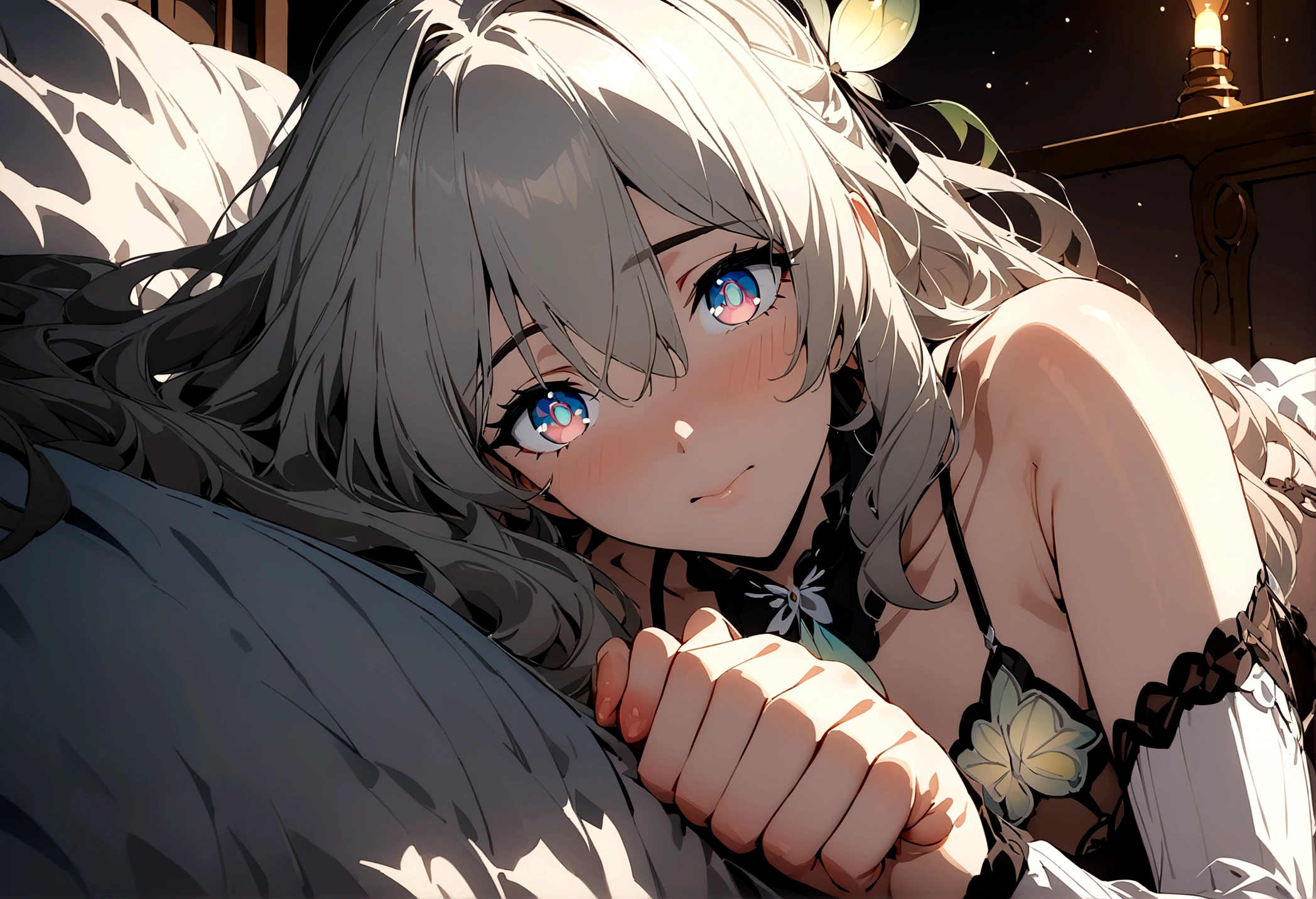 ((masterpiece)), (best quality), beautiful, extremely detailed face, perfect lighting,ultra-detailed ,flushed, midriff , lingerie, long socks, bed , lie down in bed , top-quality, begging look, firefly