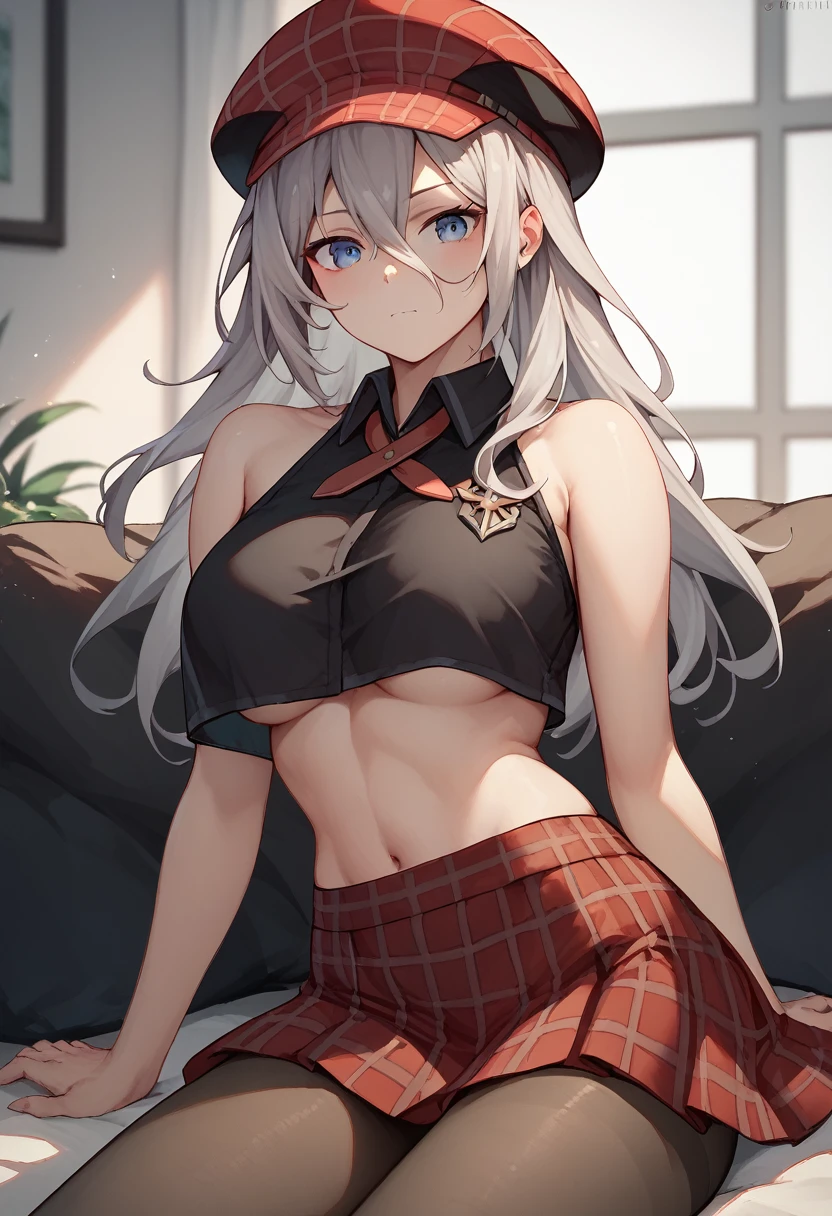 score_9, score_8_up, score_7_up,
1girl, alisa ilinichina amiella, solo,grey hair,long hair,blue eyes,hair between eyes, pantyhose,underboob,bare shoulders,black crop top,red headwear,red plaid skirt,