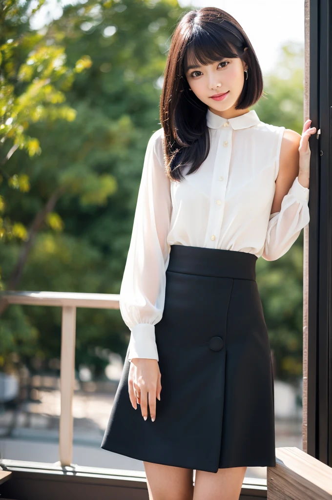 Suit, backstage at studio, talent agency manager,((full body)),((photo)),((best qualtiy, 8K, tmasterpiece:1.3)), Focus:1.2, perfect figure beautiful girl:1.4,1girl,cowboy shot,look at viewer,incredibly absurd, beautiful and cute girl with a photorealistic face, showcasing top-quality craftsmanship, Japanese woman writing work instructions in her notebook, 20 years old, shoulder-length bob cut, thick, straight black hair with bangs, shiny black hair, large eyes, round face, long eyelashes, soft smile, thin eyebrows, small nose, glossy lips, smooth skin, fair skin, fine-grained skin, tall, slender figure, well-balanced proportions, delicate limbs, small B-cup breasts, white blouse, black tight skirt, heeled pumps, watch, earrings, pretty older woman, beautiful, neat, fashionable, cheerful, positive, curious, sociable, responsible, highly trusted by those around her, October