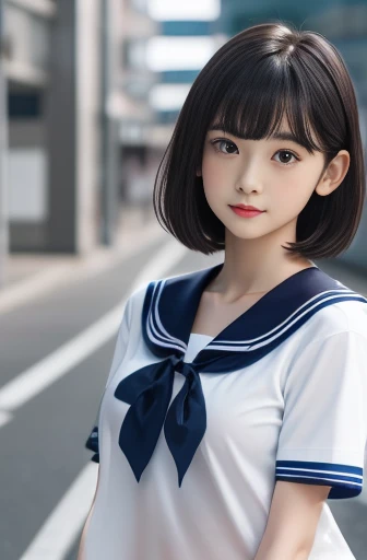 quality,Photo quality,ultra high resolution,professional lighting,,beautiful actress,thin face,Healthy complexion,Japanese,black hair,（short bangs),medium hair,cute hairstyle,(Japanese high school sailor suit:1.1),small breasts,natural makeup,navel,short sleeve,thin waist,