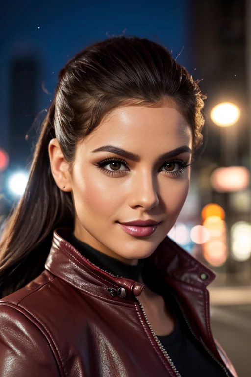 best quality, realistic, front pov, KristannaTX in a los angeles city street, (a female mexican supermodel), (sexy wine red leather jacket:1.1), cleavage, seductive smile, (dark hair), (updo hair:1.0), perfect eyes, sharp details, detailed face, face makeup, cheeks blush, eyeliner, eyeshadows, lip gloss, supermodel, (deep focus), (hard lighting), (night time), (realistic lighting:1.0)