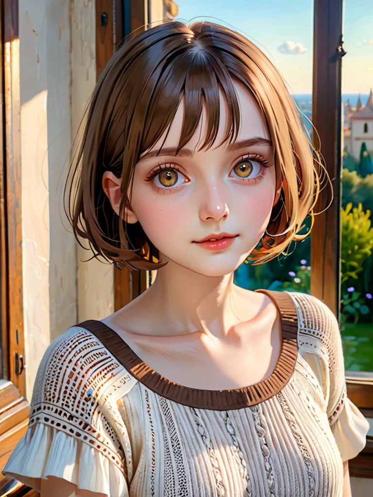 Short hair and white summer knit, summer knit, short hair, short hair with bangs, girl with cute face, cute fine face in portrait, French bob, pale fair skin!!, short brown hair and big eyes, soft portrait shot 8 k, beautiful light big eyes, beautiful young girl, young girl in a bob cut, best image quality, masterpiece, notes of Leonardo da Vinci da Vinci,