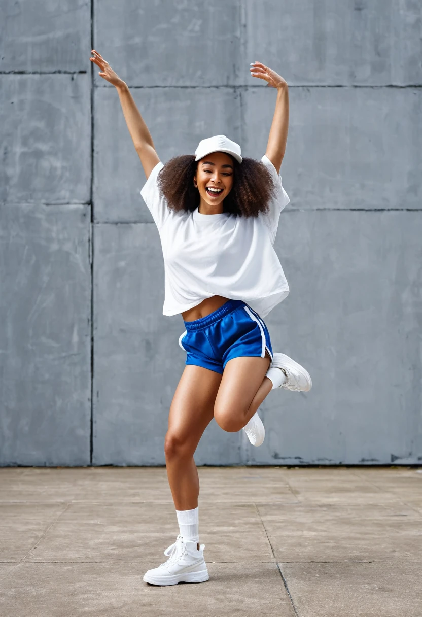 Create an image of a mixed-race female dancer. She is wearing an oversized, loose-fitting shirt made of thick white cotton, white board shorts, white trainers, a white Kangol hat, and blue fishnet tights. The setting is outdoors against a grey concrete effect wall. The scene is lit with natural light and additional fill-in spotlighting that brilliantly illuminates the dancer and her movements. Capture her in a dynamic street dance pose with exaggerated shapes and a happy, excited facial expression. The background should be simple, ensuring the focus remains on the dancer.