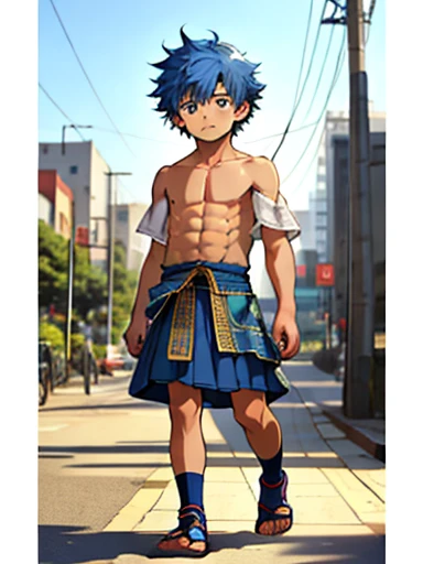 High resolution, masterpiece, The best quality at its best,最high quality,high quality, Height Details, 1人のboy, boy,Fluffy hair, Side bangs, Shota, Skinny boy without a shirt, Blue Hair, He walks around, lost and looking at the city, , Egyptian tribal skirt, (Very small and short), (Very young boy), 12歳のboy, Bluy and simple background, Bokeh, 超High resolution