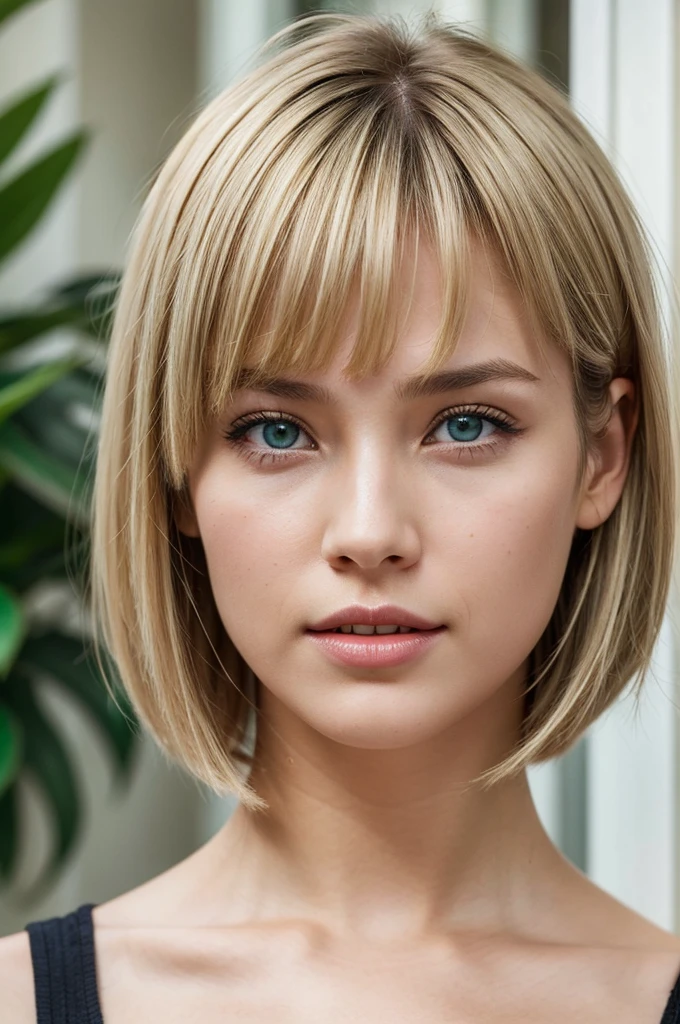 a girl with fair skin, blond short hair with bangs, greeneyes 