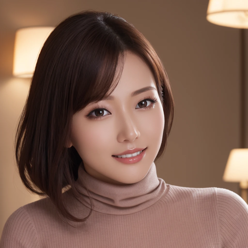 (Highest quality、Tabletop、8K、Best image quality、Award-winning works)、irrational solution、Near and far、One beautiful woman, (Very large breasts:1.3)、Brown eyes、(Turtleneck long knit sweater dress:1.2)、Blurred luxury love hotel background、The most atmospheric and warm lighting、Ultra-high resolution glossy lips、Ultra-high resolution perfect face、Super high quality hair、Ultra-high definition sparkling eyes、Ultra-high resolution for perfect natural teeth、Ultra HD glossy skin、While looking at me with an orgasmic expression during sex
