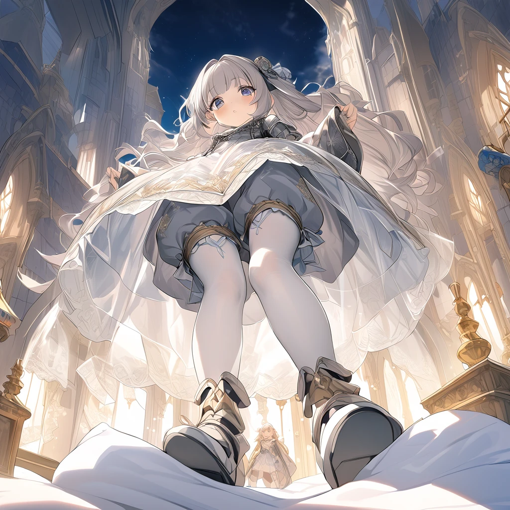 (Highly detailed CG Octane render 8k wallpaper), The most beautiful works of art in the world, Full body shot from below, Complex, High detail, 8Year old girl, Gold and silver embroidery, Grey Pearl Medieval Mini Dress(With panniers), Translucent fabric, Please lift your skirt, Strong winds, Translucent slip, Grey translucent tights, Peeking from below, Highest quality, Disorder of clothing, Lying down, underwear, Show off your thighs, night、Wearing bloomers