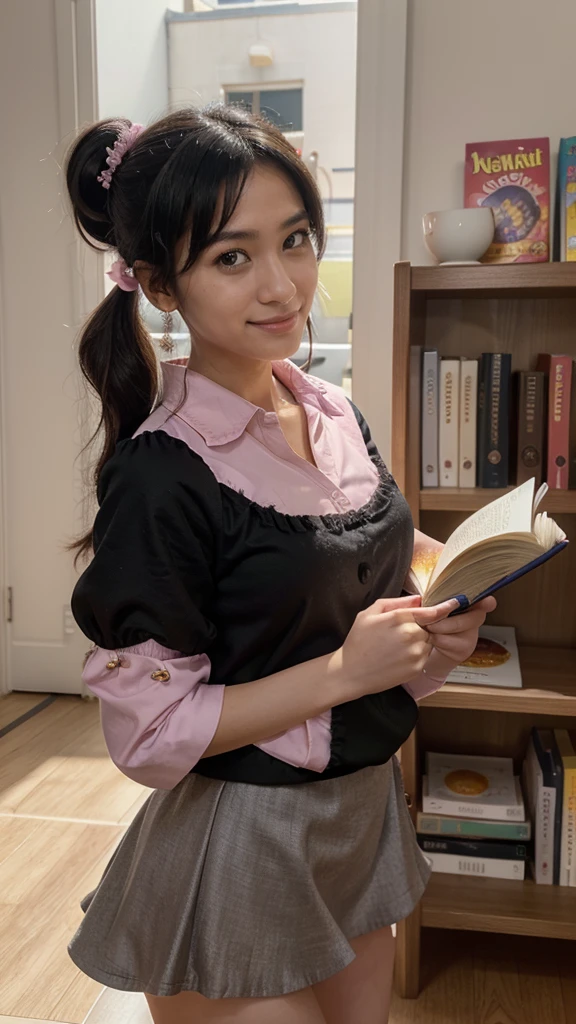 Masterpiece, 1 girl, Alone, Karen Araragi, hair ornament, egg hair ornament, Side ponytail, black fur, food-themed hair ornament, fried egg, looking at the viewer, egg (food), wide, (black eyes:1.1), purple skirt, with big sleeves, Pink shirt, task, books, holding a pencil, affected smile