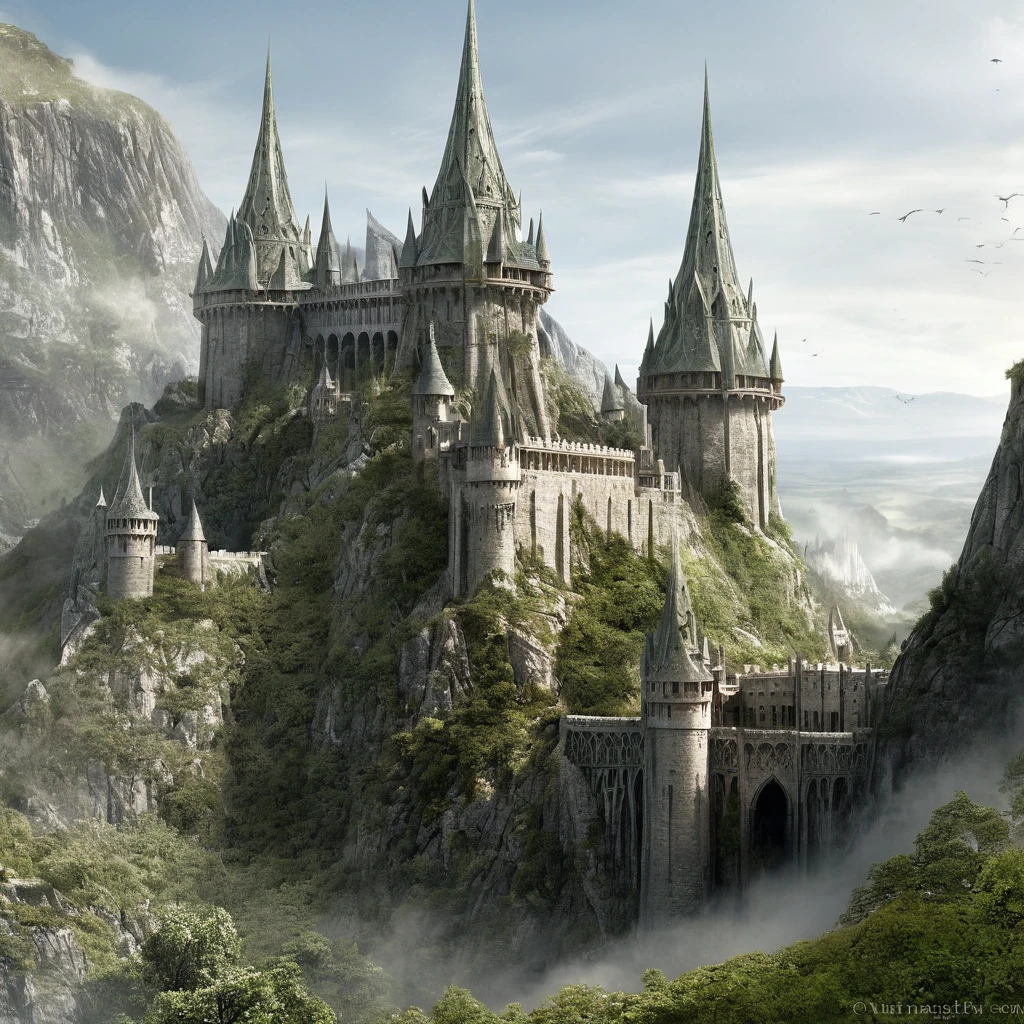 ((best quality)), ((masterpiece)), ((realistic,digital art)), (super detailed), (large elven fortress with immense slender towers), view from the ground, (style medieval fantasy)