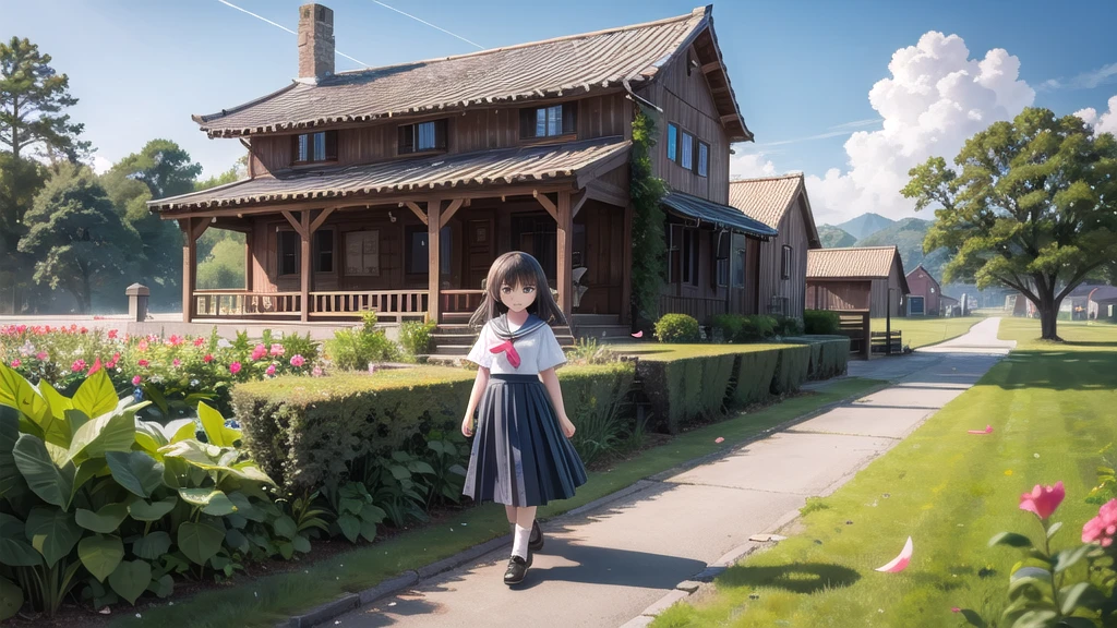 (masterpiece), town, blue sky, One Girl, smile, alone, Sailor suit、Long skirt, Overgrown, petal, plant、Skirt lining、Translucent slip、Nostalgic