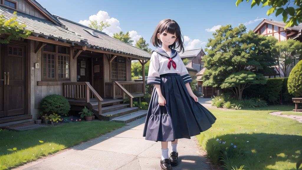 (masterpiece),  town,  blue sky,  One Girl,  smile,  alone,  Sailor suit、Long skirt,  Overgrown,  petal,  plant、Skirt lining、Translucent slip、Nostalgic