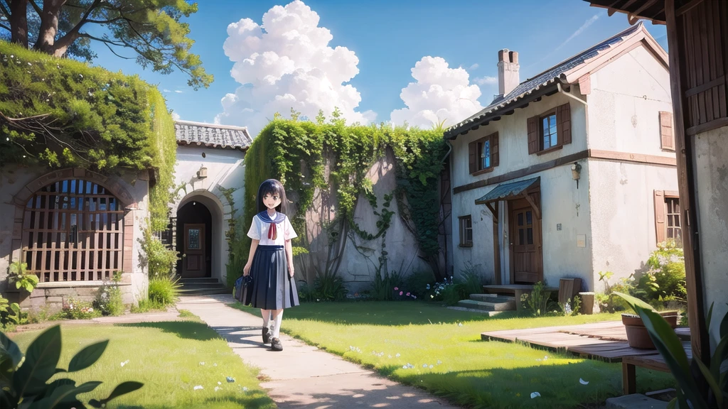 (masterpiece), town, blue sky, One Girl, smile, alone, Sailor suit、Long skirt, Overgrown, petal, plant、Skirt lining、Translucent slip、Nostalgic