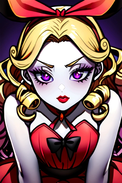 A curly blonde young girl, pale skin with violet eyes and reddish lips, dressed as Alice in Wonderland, in an erotic pose. 
