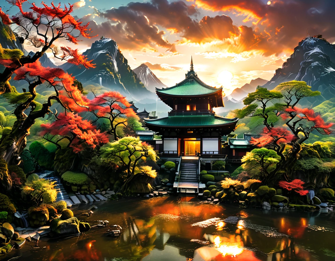 a National Geographic picture of dark Japanese medieval temple, as the sun (rises in the horizon: 1.1), it sits on the bank of a river near surrounded by cherry trees, almond trees, Japanese maple trees, (all trees in many colorful shades of green, red, pin, orange: 1.5) ((all scenery is reflected in the river: 1.5)), an epic ancient Japanese medieval temple, ancient and epic in its majestic antiquity, a sense of serenity, tranquility, divine rays, some clouds, sun rays, (highest quality:1.2, Very detailed, up to date, Vibrant, Ultra-high resolution, High Contrast, masterpiece:1.2, highest quality, Best aesthetics), best details, best quality, highres, ultra wide angle, 16k, [ultra detailed], masterpiece, best quality, (extremely detailed: 1.5), Cinematic Hollywood Film, RagingNebula