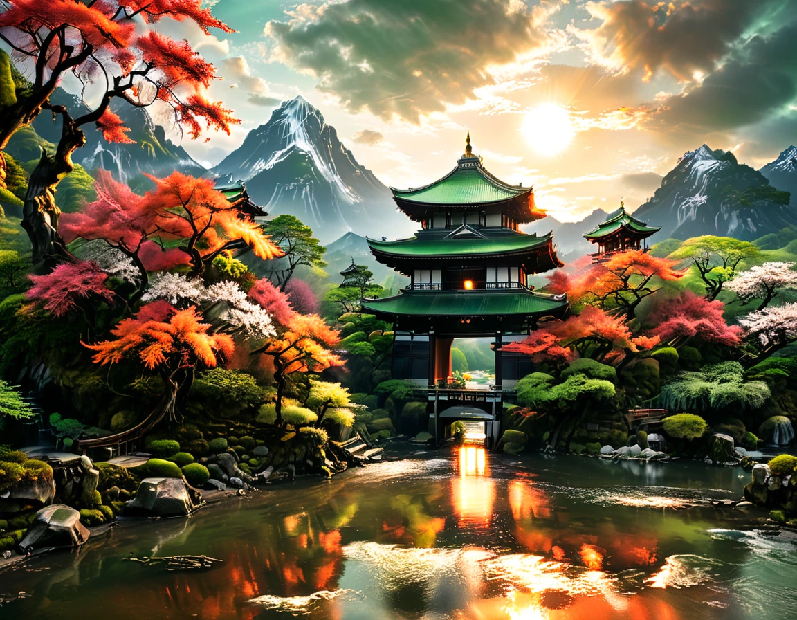 a National Geographic picture of dark Japanese medieval temple, as the sun (rises in the horizon: 1.1), it sits on the bank of a river near surrounded by cherry trees, almond trees, Japanese maple trees, (all trees in many colorful shades of green, red, pin, orange: 1.5) ((all scenery is reflected in the river: 1.5)), an epic ancient Japanese medieval temple, ancient and epic in its majestic antiquity, a sense of serenity, tranquility, divine rays, some clouds, sun rays, (highest quality:1.2, Very detailed, up to date, Vibrant, Ultra-high resolution, High Contrast, masterpiece:1.2, highest quality, Best aesthetics), best details, best quality, highres, ultra wide angle, 16k, [ultra detailed], masterpiece, best quality, (extremely detailed: 1.5), Cinematic Hollywood Film, RagingNebula