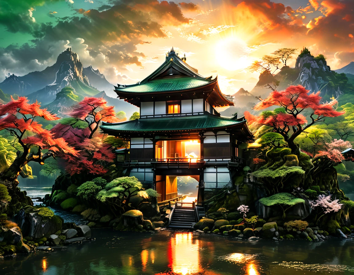 a National Geographic picture of dark Japanese medieval temple, as the sun (rises in the horizon: 1.1), it sits on the bank of a river near surrounded by cherry trees, almond trees, Japanese maple trees, (all trees in many colorful shades of green, red, pin, orange: 1.5) ((all scenery is reflected in the river: 1.5)), an epic ancient Japanese medieval temple, ancient and epic in its majestic antiquity, a sense of serenity, tranquility, divine rays, some clouds, sun rays, (highest quality:1.2, Very detailed, up to date, Vibrant, Ultra-high resolution, High Contrast, masterpiece:1.2, highest quality, Best aesthetics), best details, best quality, highres, ultra wide angle, 16k, [ultra detailed], masterpiece, best quality, (extremely detailed: 1.5), Cinematic Hollywood Film, RagingNebula