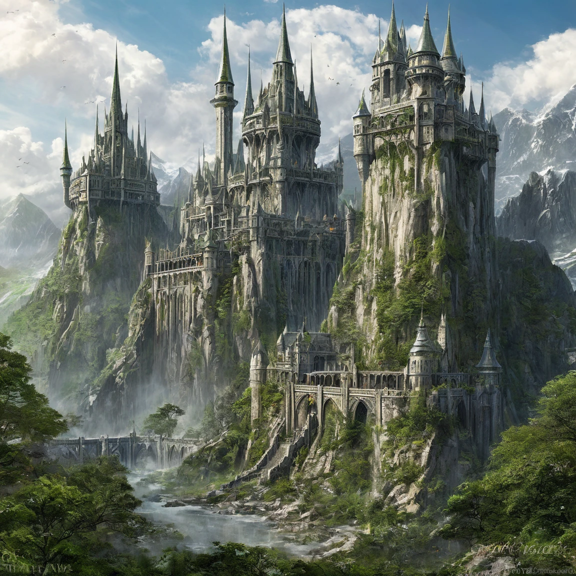 ((best quality)), ((masterpiece)), ((realistic,digital art)), (super detailed), (large elven fortress with immense slender towers), view from the ground, (style medieval fantasy)