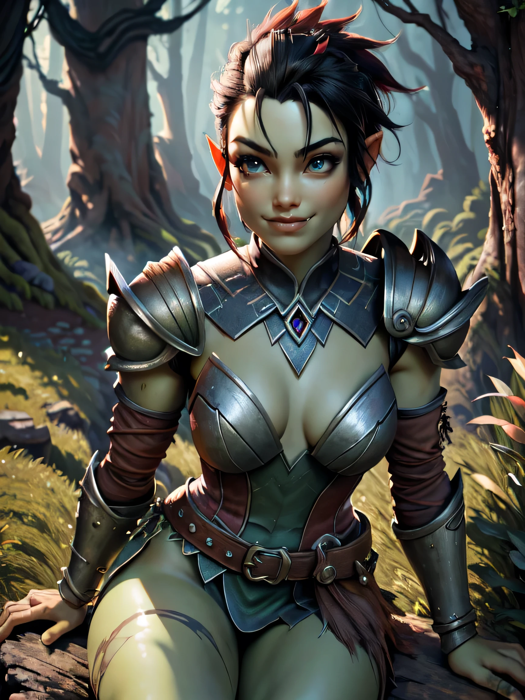 A orc woman in a red armor sitting on a grass with a sword orc girl green skin, detailed eyes, beautiful eyes, short hair, black mohawk hair, chinese ornaments, oil painting, vibrant colors, soft lighting, fantasy, magical, ethereal, mystical, delicate features, intricate details, leather armor, graceful pose, enchanting atmosphere, dreamlike background, misty forest, sparkling dust, bewitching smile, otherworldly charm, mythical creature, whimsical, enchantress, captivating presence, graceful movements. (best quality, highres, ultra-detailed, photorealistic), HDR, vivid colors, bokeh,